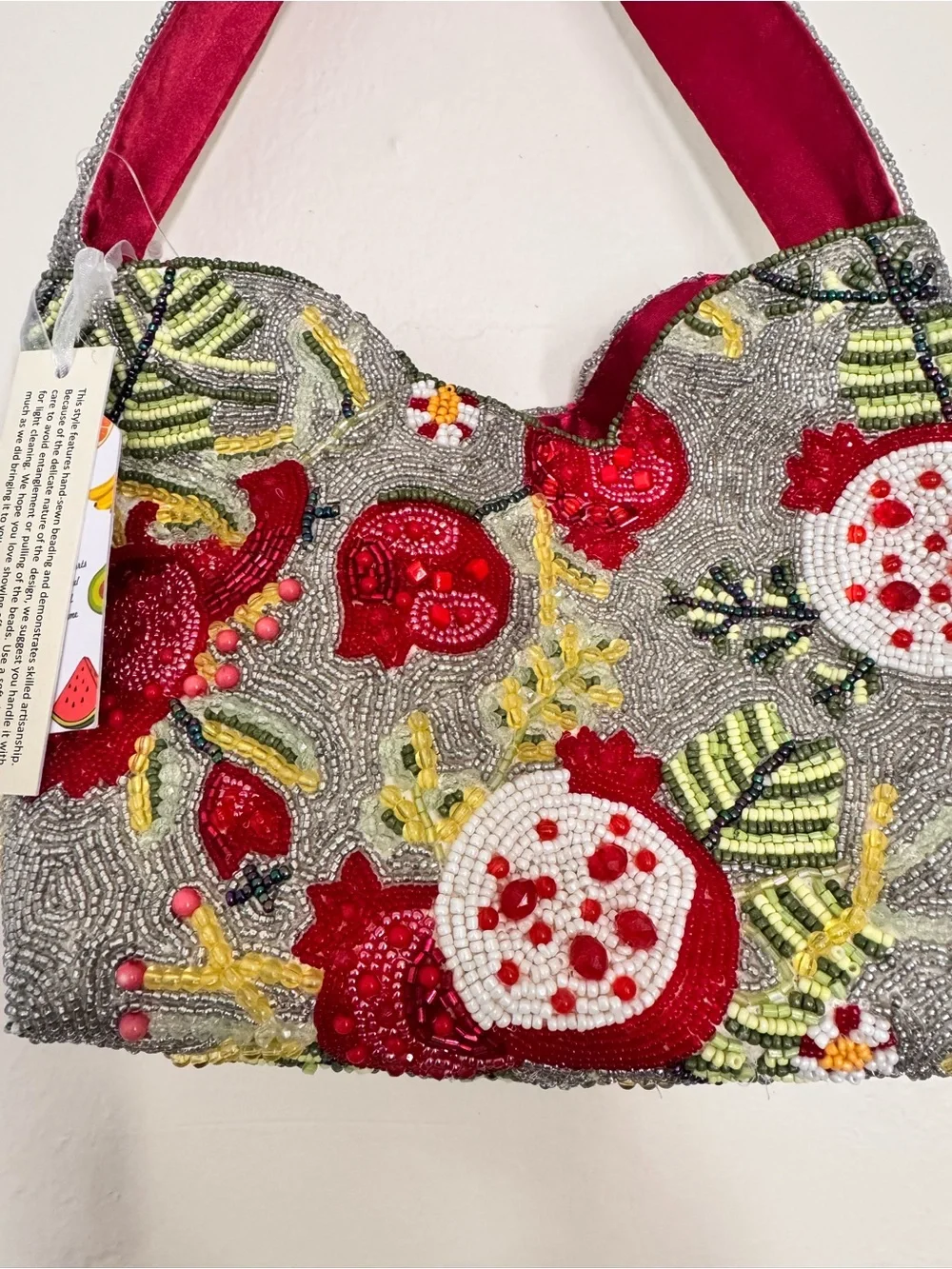 Beaded Red Pomegranate Clutch with Wrist Handle